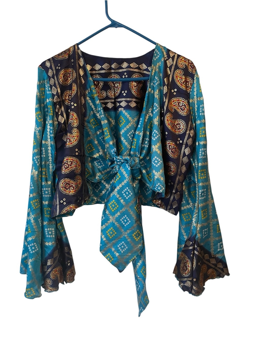 Boho Tie-Front Crop Top in Teal & Navy